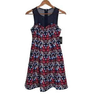 Guess Floral Print Sleeveless Mesh Neckline Dress